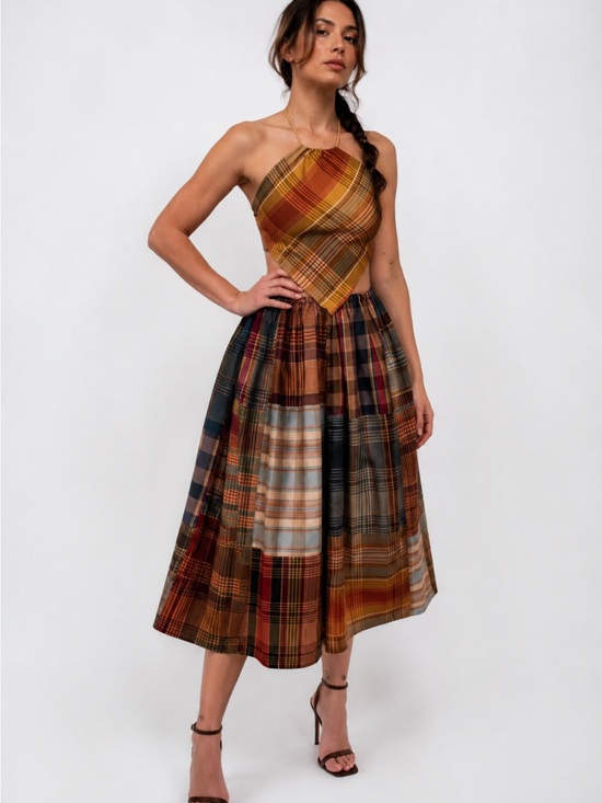 Dresses & Skirts - Upcycled Kravet Fabric Sample Plaid Halter Midi Skirt Set in Warm Tones